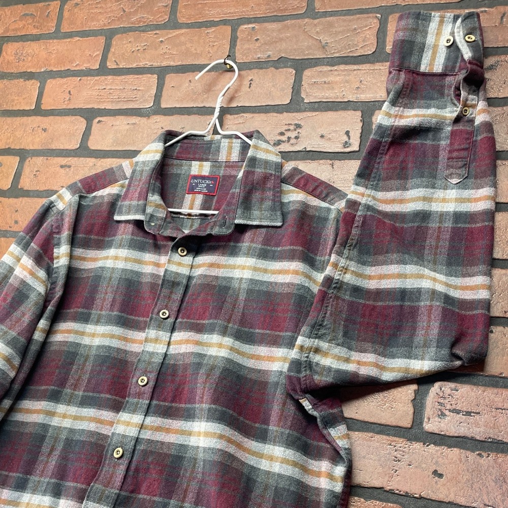 UNTUCKit Men's L Red Green Plaid Flannel Button Down Untucked Shirt - Picture 2 of 9